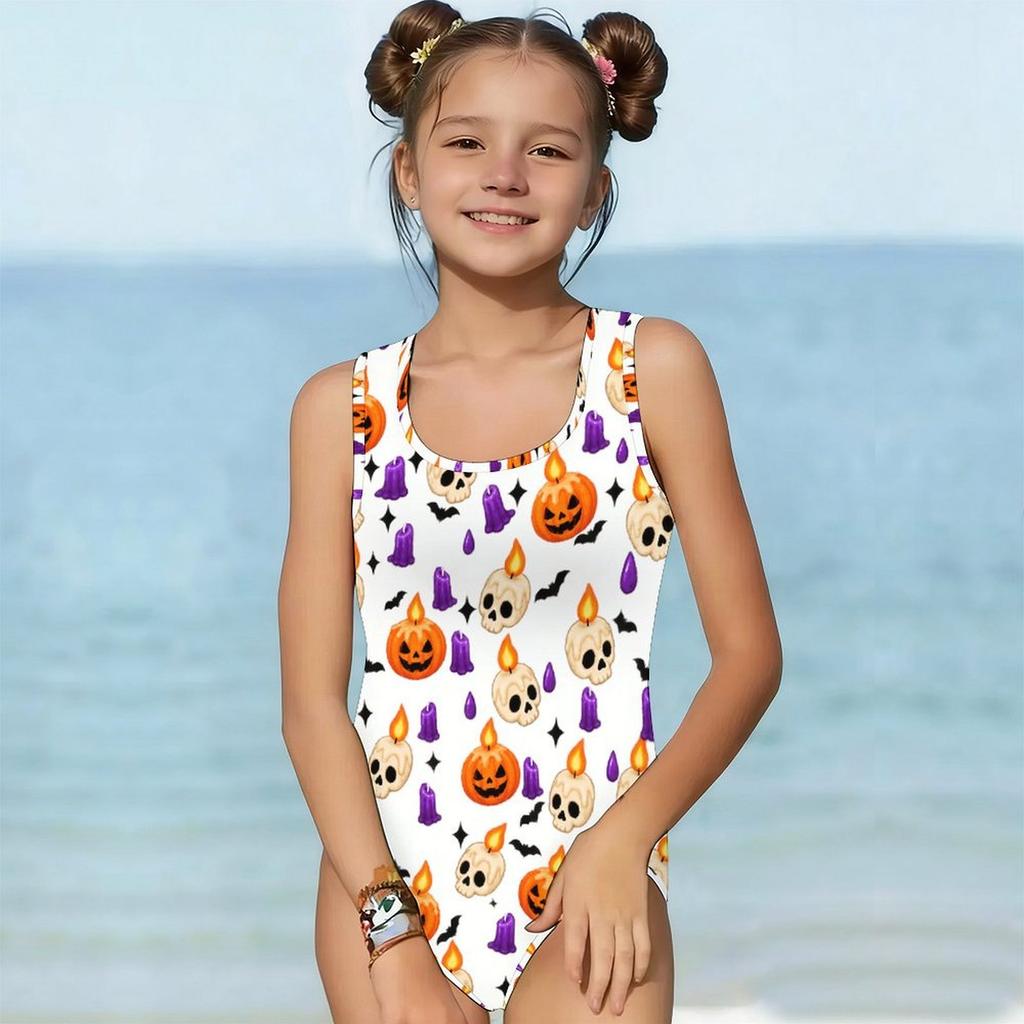 Girls Sleeveless Scoop Neck Wide Straps One Piece Swimsuit Cartoon Wolf Printed White