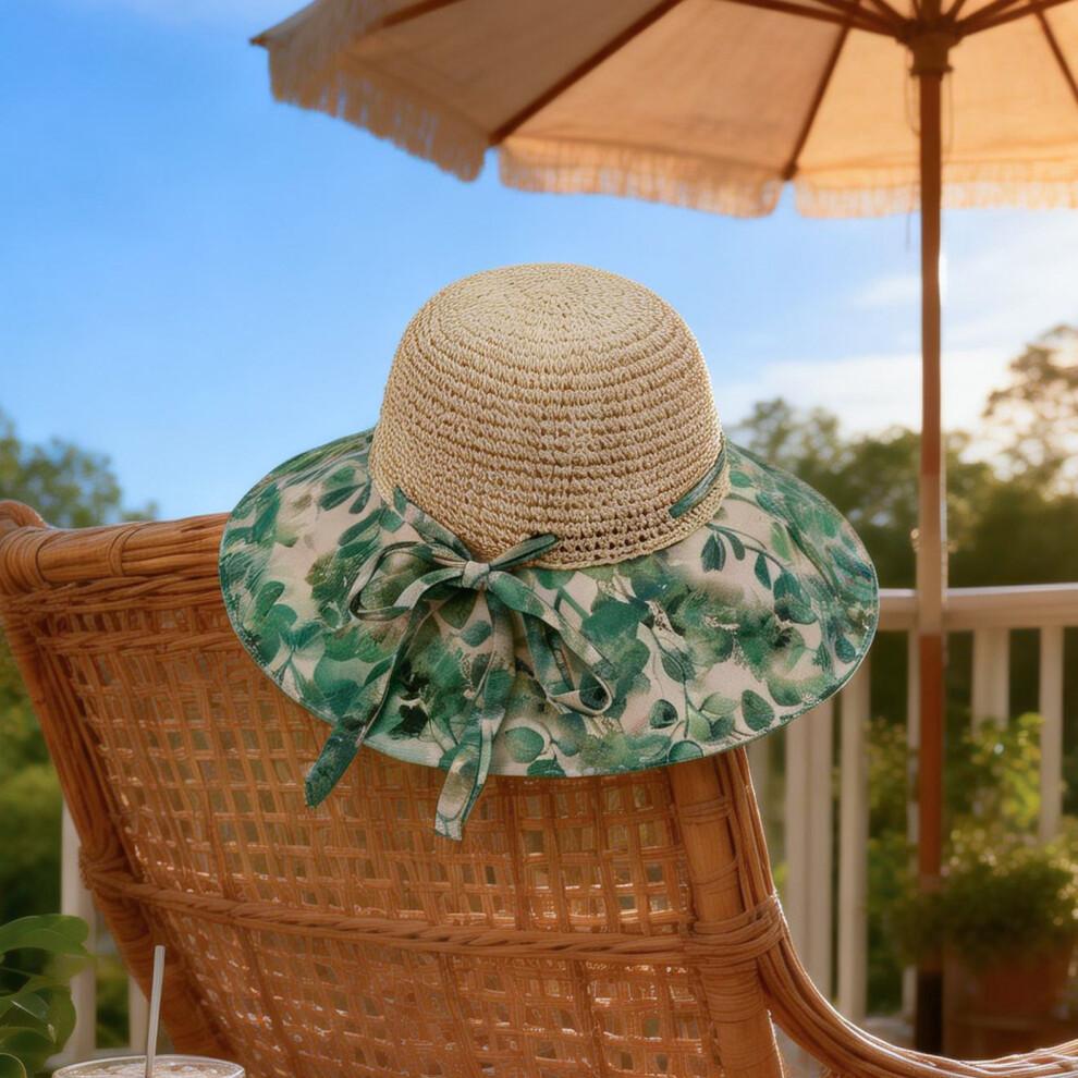 (Einheitsgröße, Grün) Damen Bohemian Patchwork Strohhut Breiter Rand Atmungsaktiv Sonnenschutz Strandhut Faltbar Sommer Blumen Sonnenhut