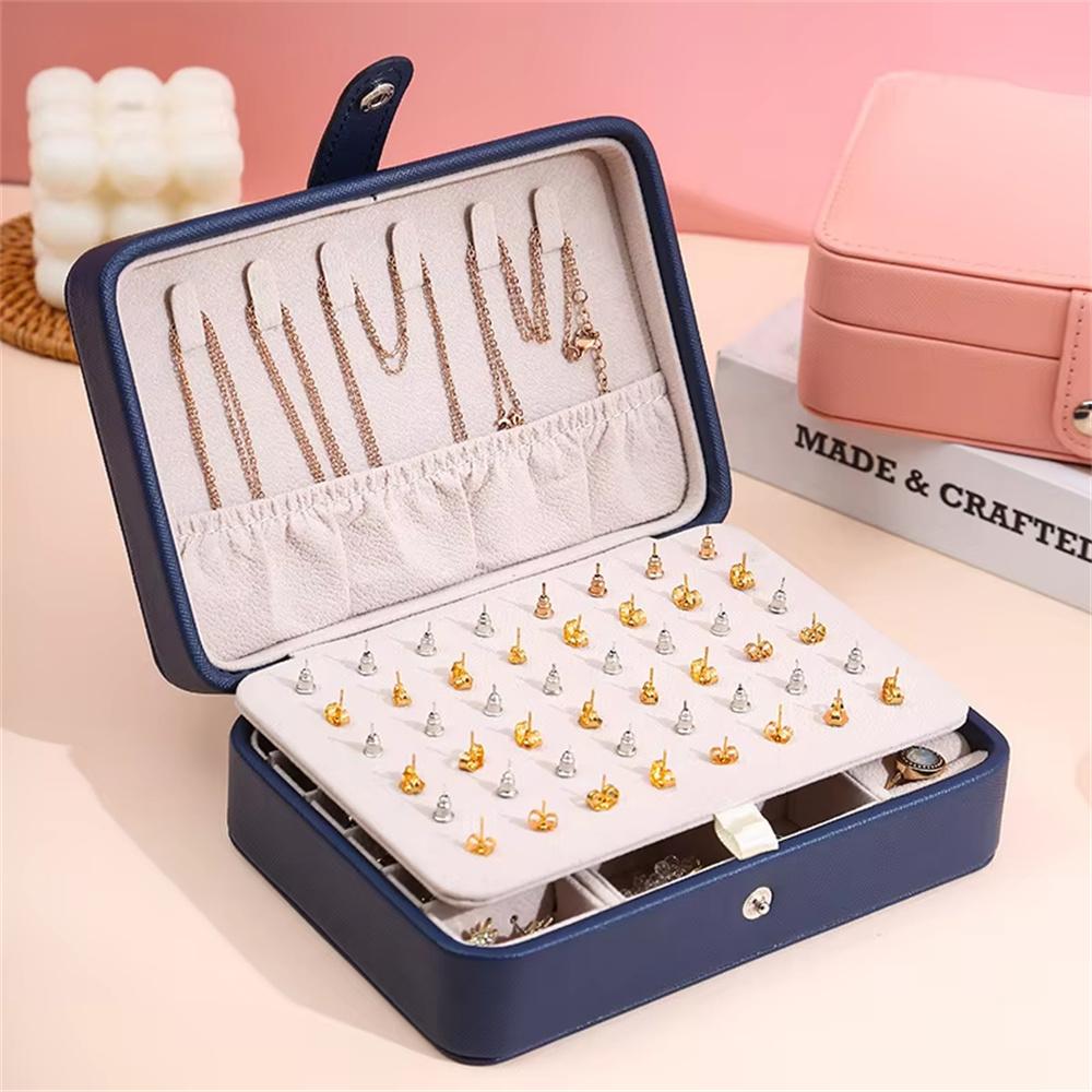 

Double Layer Jewelry Box Portable Ring Necklace Earrings Organizer PU Leather Storage Case Navy Blue