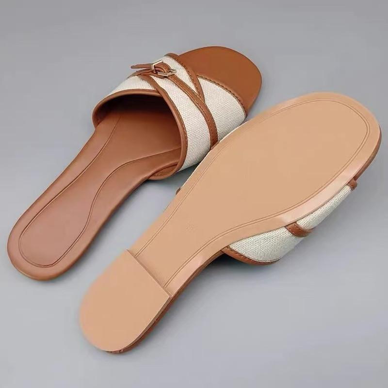 Fashion Fashion Canvas Belt Buckle Designer Slippers Women Comfortable Lightweight Slide Sandals Summer Elegant Peep Toe Flat Sandals
