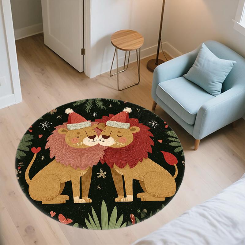 Symmetrical Animals in Grass,Round Area Rug,Carpet Rug for Living Room Bedroom Sofa Playroom Decor,Non-slip Floor Mat