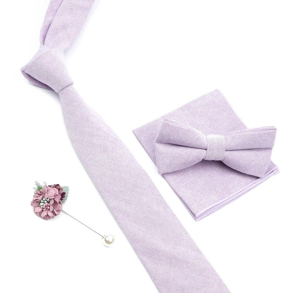 Solid Color Cotton Necktie Set For Men Tie 4pcs Hanky Cufflinks Rhinestone FLoral Brooch Tie Set