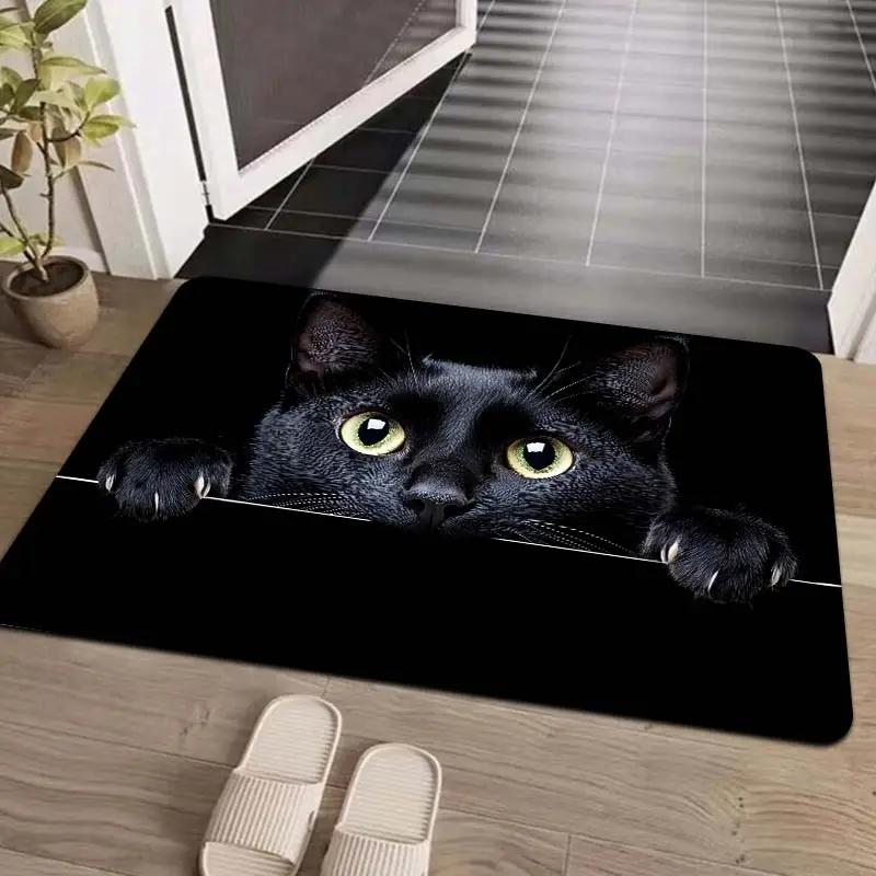 Black White Cat Door Mat Cute Kitten Face Pattern Entrance Rug Soft Non-Slip Animal Print Welcome Mat for Pet Lovers Home Decor