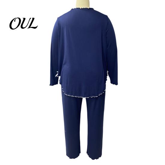 Versatile Two Piece Loungewear Women's Plus Size Pajama Set, Long Sleeve Top And Pants Soft Sleep Sets for Air Conditioned Rooms with Bow, Ruffle