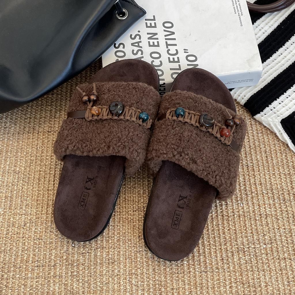 White high-end retro thick-soled heightening fluffy slippers for women's outer wear 2025 new autumn and winter with skirts cotton slippers