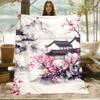 Sakura Cherry Blossom Chinese Pagoda Throw Blanket Fleece Winter Throw Luxury Asian Watercolor Ink Wash Bed Decor Gift
