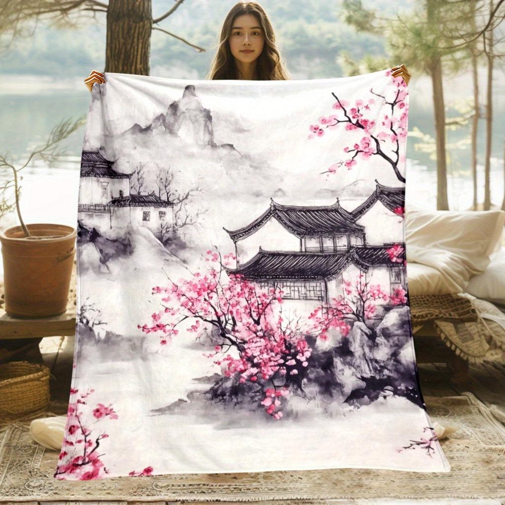 Sakura Cherry Blossom Chinese Pagoda Throw Blanket Fleece Winter Throw Luxury Asian Watercolor Ink Wash Bed Decor Gift