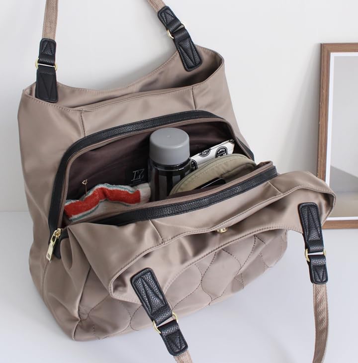 Lizdays Quilted Nylon Tote B5 Diaper Commuter Bag Women's Bag, Lightweight, Size, Bag, (Gray Beige/Black)