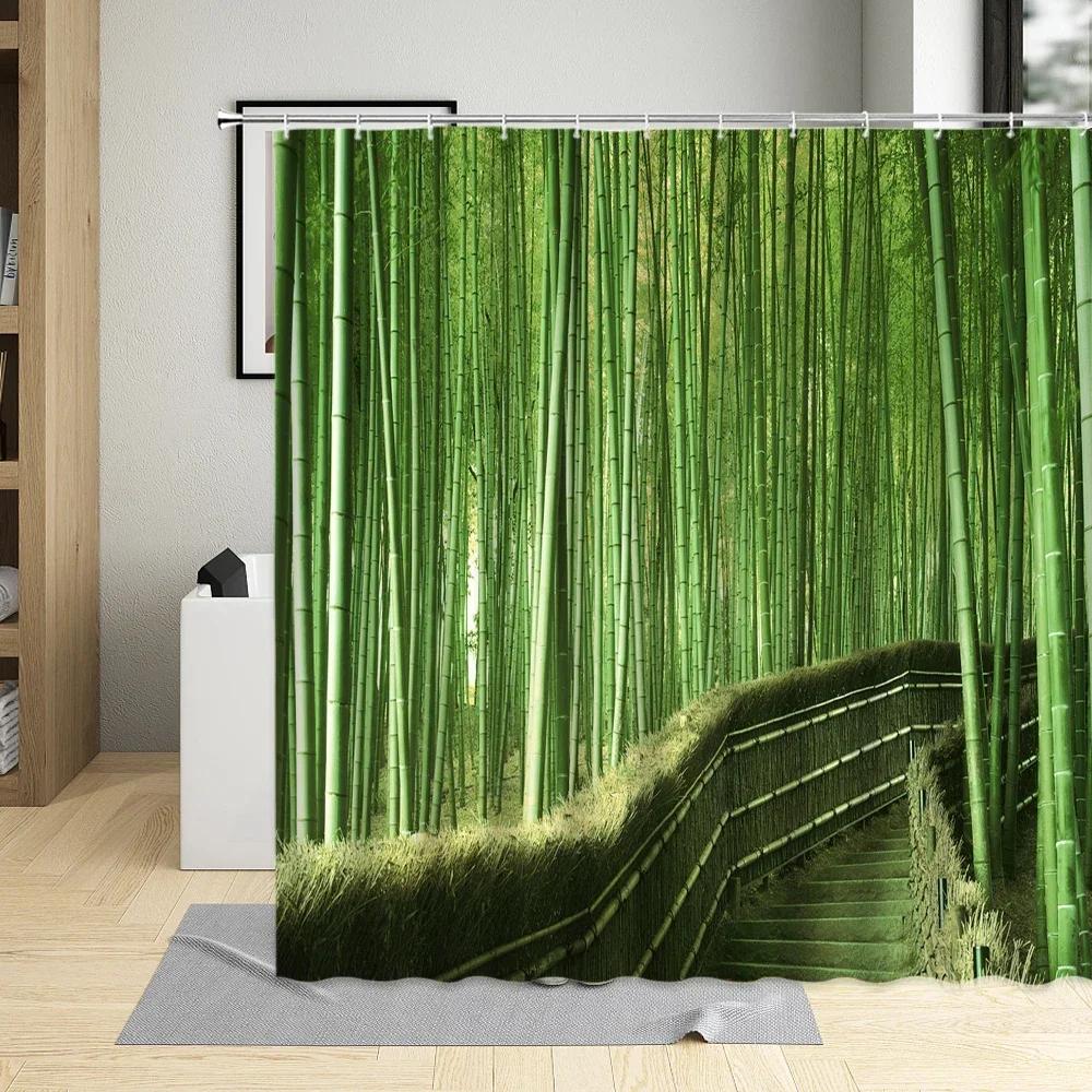 Bambus Duschvorhang Badezimmer Heimdeko Grüne Pflanzen Landschaft Badvorhänge Mit Haken Polyester Wasserdichtes Gewebe Waschbar