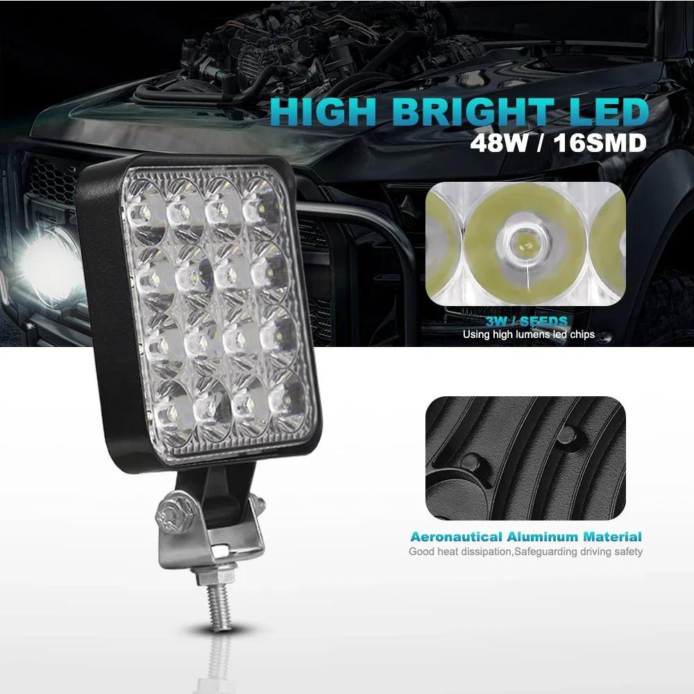 1PCS 12V Waterproof Led Work Light Bar Square Spotlight 48W Work Light Headlight For Truck Off Road Night Driving Light For SUV