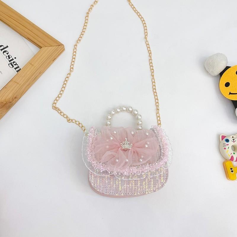 Childrens Canvas Bag With Artificial Pearl Handle And Butterfly Cartoon Pattern For Daily Use