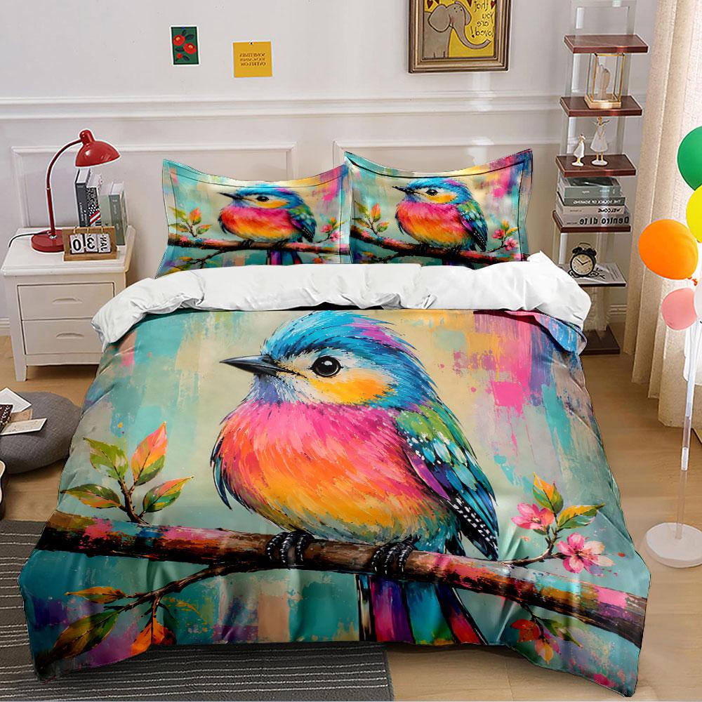 Colorful Bird On a Branch Design Bedding Duvet Cover Set Duvet Cover Pillowcases (1*Duvet Cover 2*Pillowcases, Without Duvet Insert)