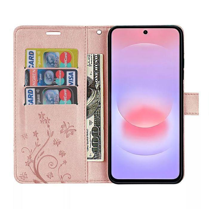 Case for Samsung Galaxy A37 5G, Anti-Scratch Leather Effect Pink Plant Butterfly Pattern - 2 Glass