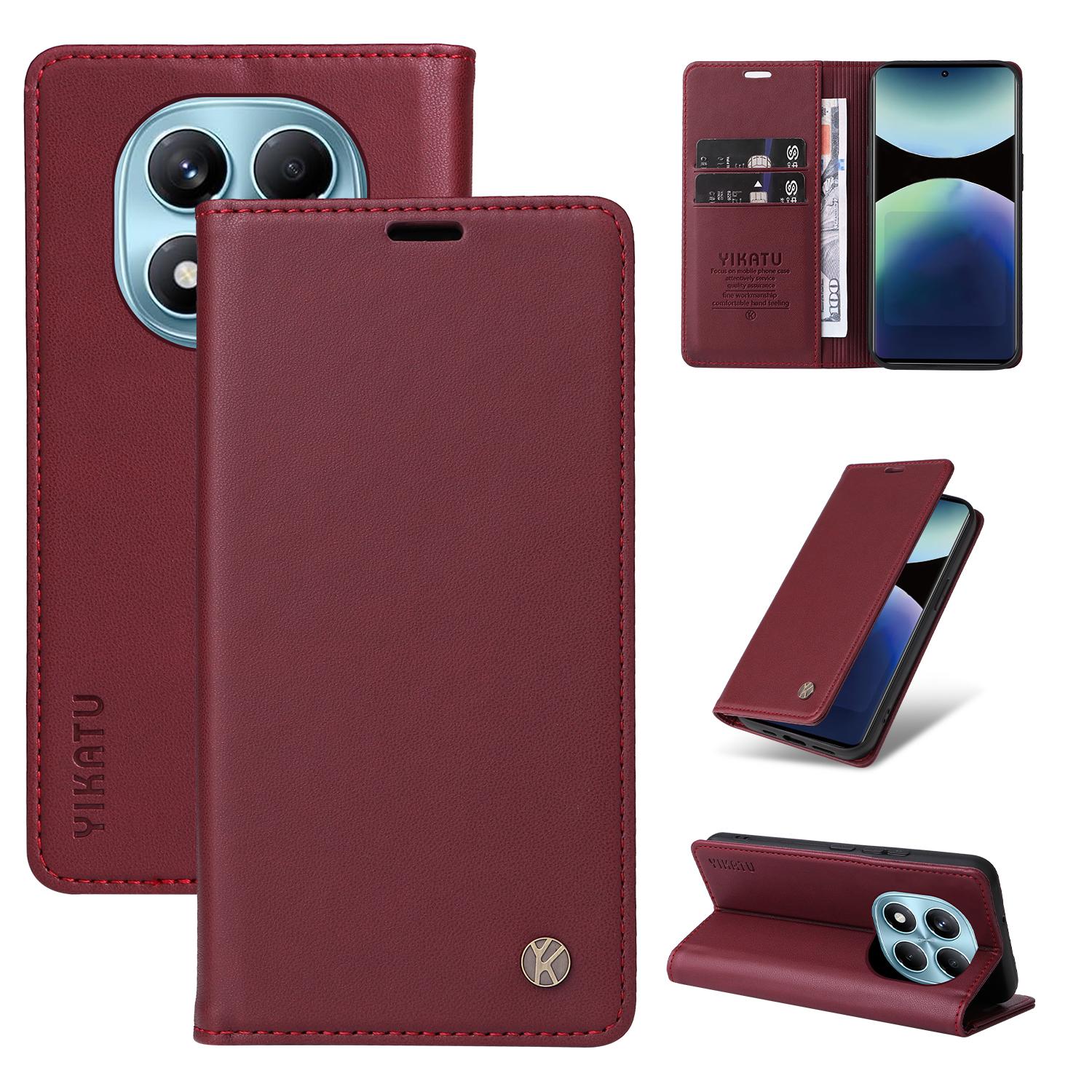 

Для Xiaomi Redmi Note 14 Pro 4G Чехлы для телефонов YIKATU Магнитная застежка PU кожа Мобильная обложка Wine Red