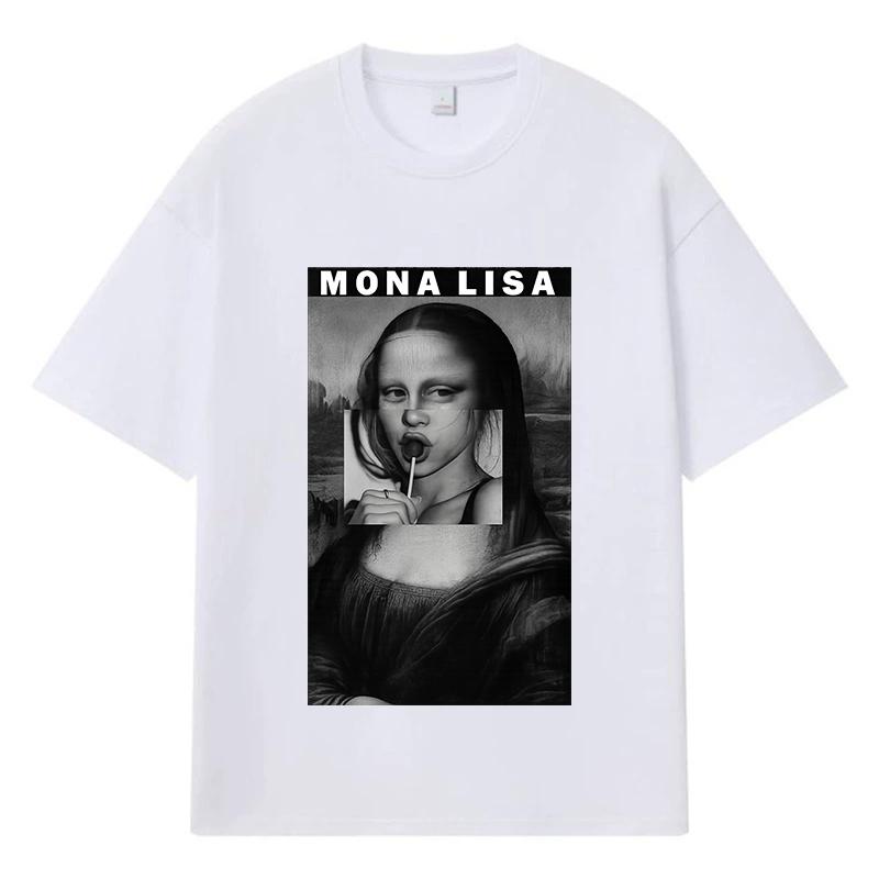 

2026 Футболка с принтом Моны Лизы Streetwear Y2k Harajuku Мужская Женская Одежда 100% Хлопок Повседневная Оверсайз Летняя Мужская Футболка S белый
