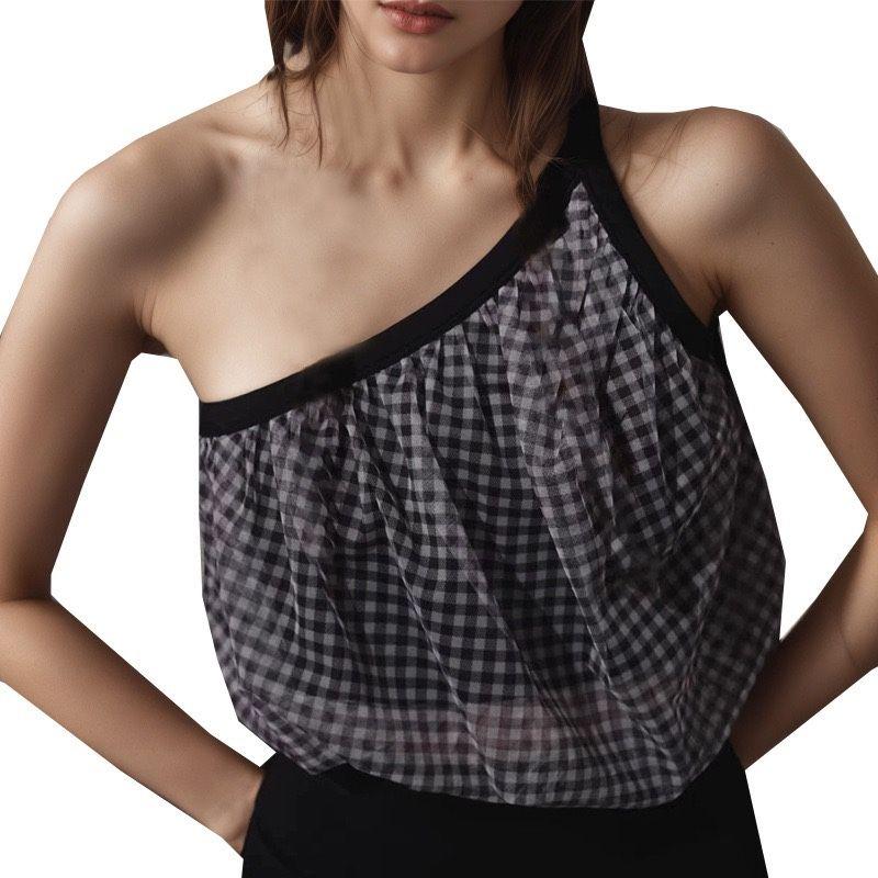 One Shoulder Gingham Beauty Back Exercise Bra Women's Oblique Shoulder Yoga Intimates Outwear Running Workout Vest with Chest Pad Slim Looking