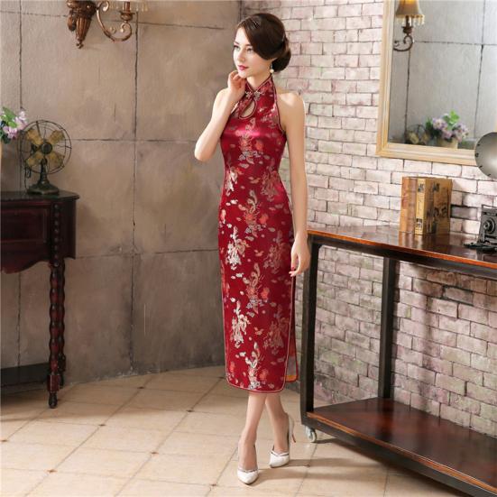 Ženy Léto Cheongsam Stojánek s límečkem Potisk na rameni Dělený lem bez zad s vyhloubeným lemem Bez rukávů Qipao Slim Fit Retro společenské šaty v čínském stylu
