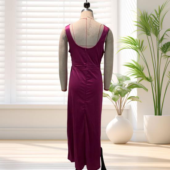 Women's Satin Ruched High Slit Bodycon Maxi Dress Sexy Sleeveless Cocktail Party Wedding Guest