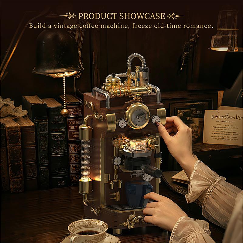 Creative Retro Steam Coffee Machine Building Blocks Classic Punk Espresso Machine With Light MOC Bricks Home Decoration Toy Gift