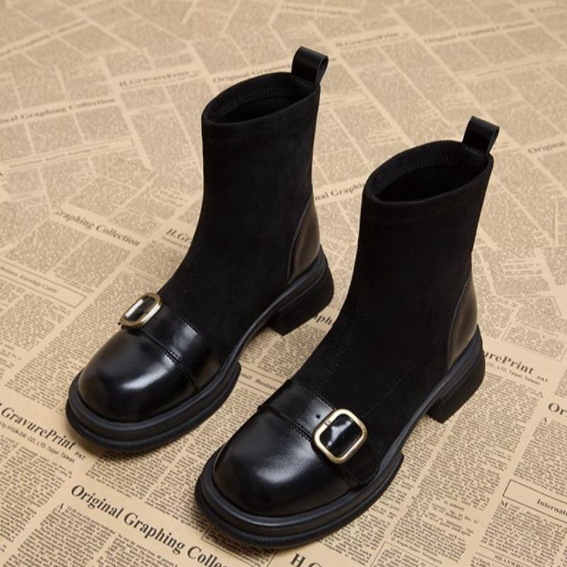 

Women s Autumn New Fashion Metal Buckle Designer Thick Bottom Non-slip Stretch Boots 2025 Outdoor Warm and Comfortable Boots 35