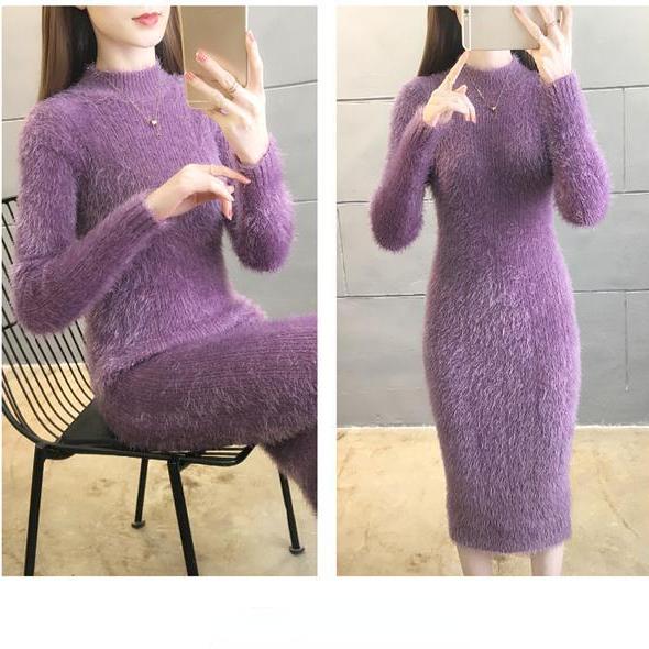 Abiti Semplici Autunno Inverno Donna Tinta Unita Scollo a O Ispessito Manica Lunga Slim Midi A-line Sacca Hip Vestito in Maglia