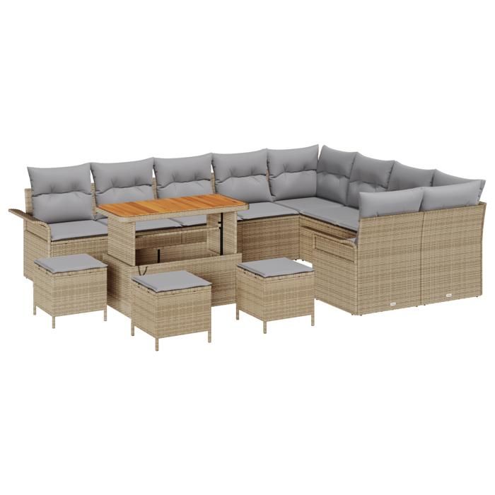 Set de canapé de jardin de 13 pièces avec coussins beige rattan poly acacia, Canapé de jardin 2 places avec rangement 3364132