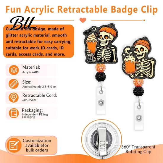 Decorative Badge Reel Halloween Retractable Reel, Skeleton And Pumpkin Design, Acrylic ID Card Funny Gift Holder with Sturdy Metal Clip for