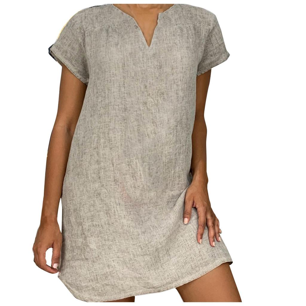 Moda damska Letnia luźna spódnica z krótkim rękawem, dekoltem w szpic, bawełniana sukienka lniana