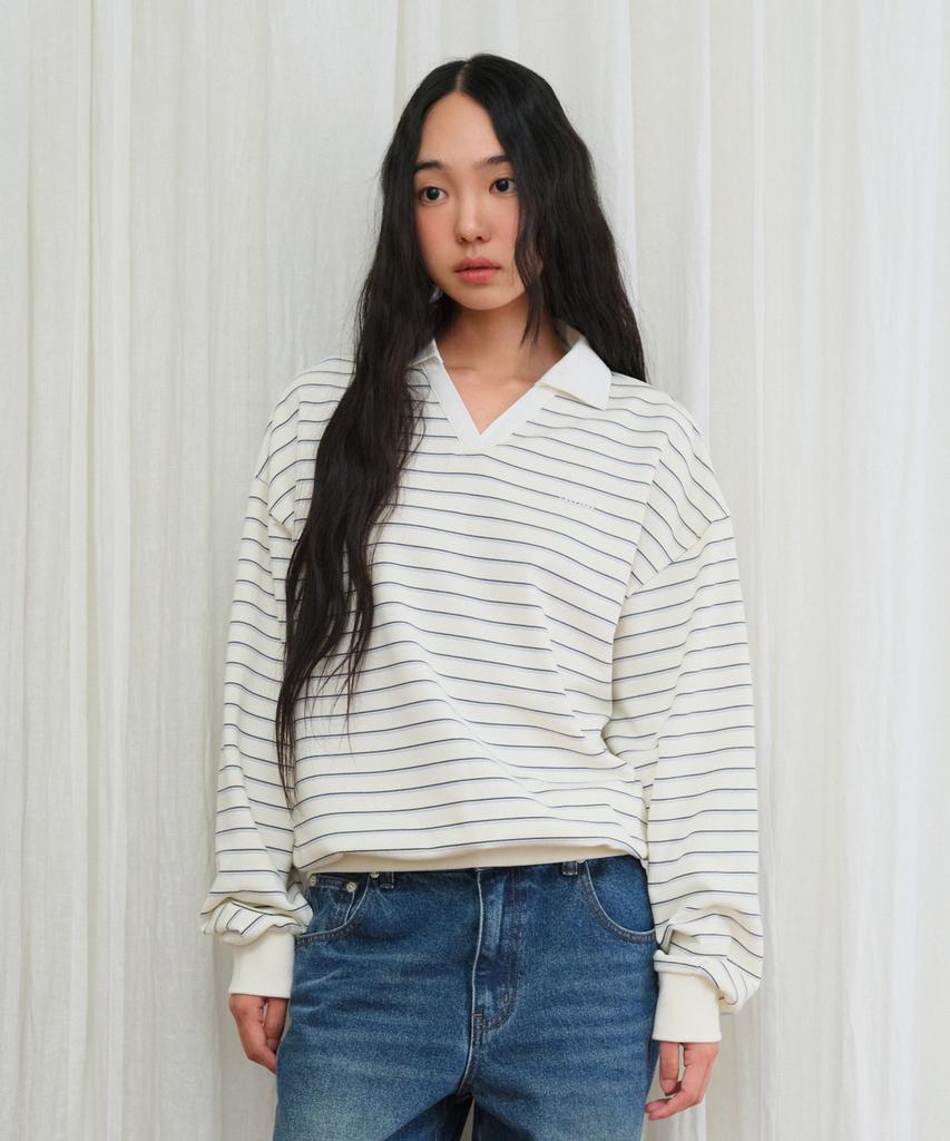 AMES-WORLDWIDE V Neck Collar Stripe Sweatshirt Ivory