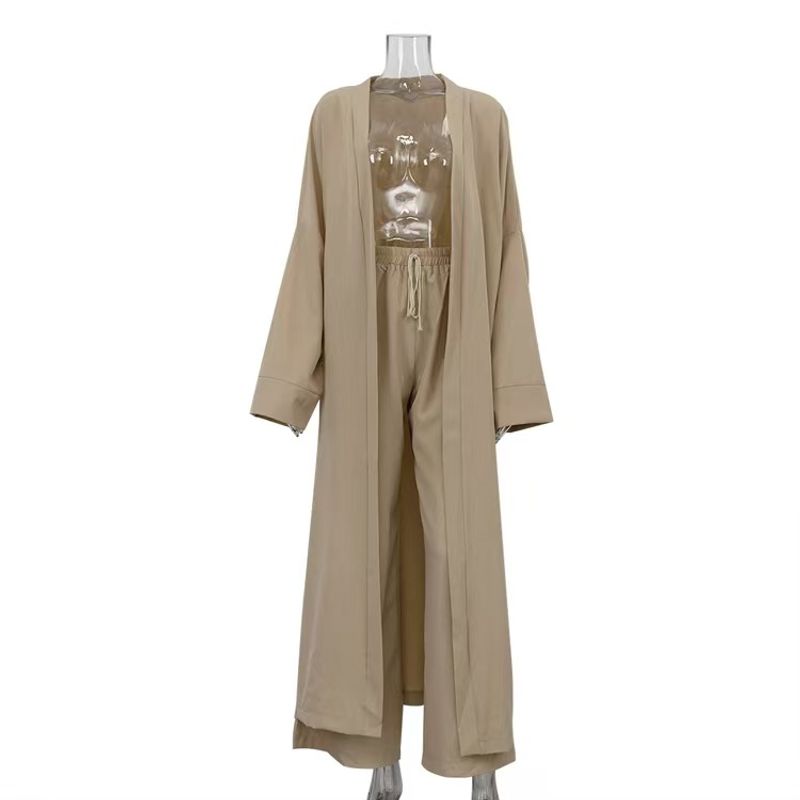 

Мода Ветер Новое поступление Мода Однотонный Кардиган Халат Брючный костюм Кардиган Топ и Брюки Комплект Khaki L