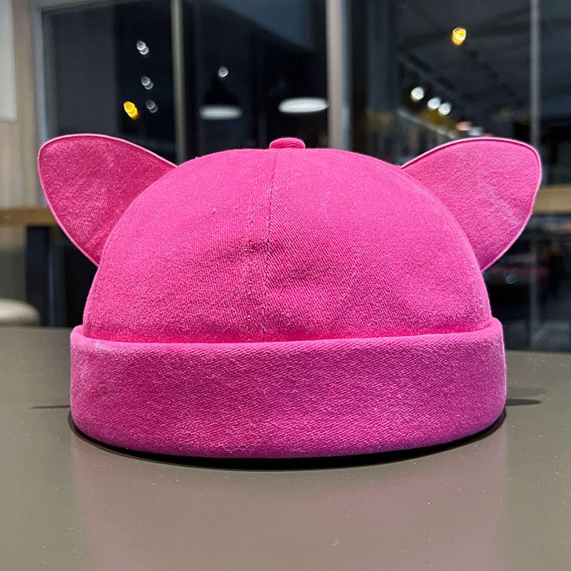 

New Cute Cat Ears Melon Skin Cap Women Adjustable Fashion Versatile Brimless Dome Landlord Hat Men Denim Hip Hop Beanie Caps Adjustable рожевий червоний колір