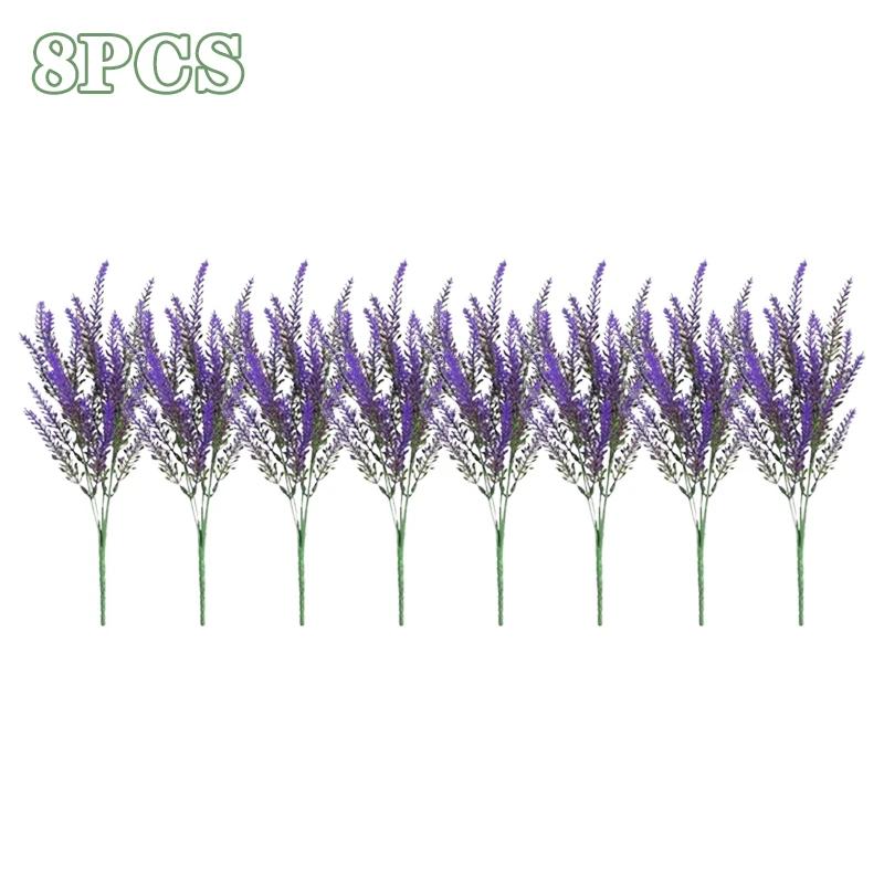 2-16PCS 5 Prong Lavender Artificial Flowers UV Resistant Fake Plant for Outdoor Garden Decor Faux Plastic Flower Home Decoration