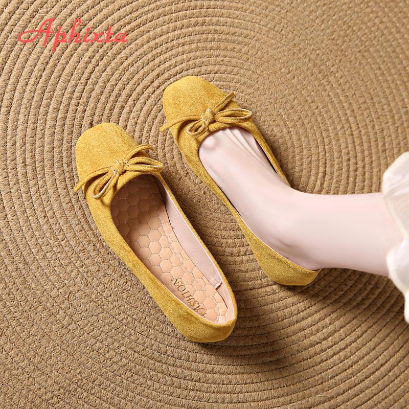 Aphixta Classic Suede Soft Sole Shallow Woman Shoe Yellow Loafers Spring Woman Shoes Sweet Bow Flat With Shoes For Woman