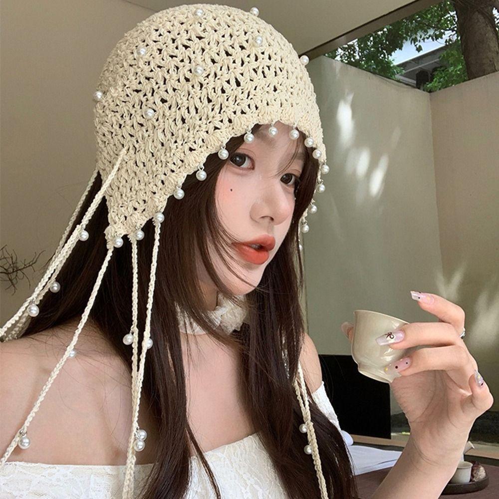 Hollow Out Hollow Pearl Tassels Knitted Hat Crochet Flower Ethnic Style Hat Apparel Accessories