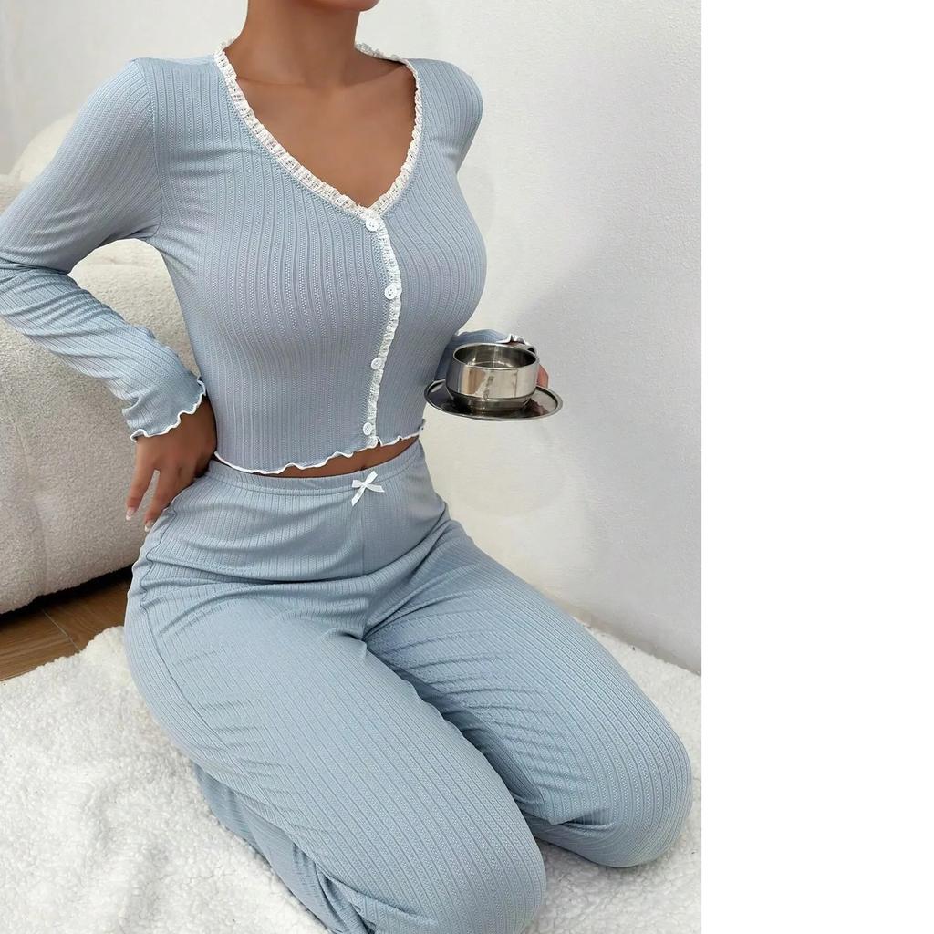 Autumn Winter Homewear Pajamas Set for Women Long Sleeves Shirt Trousers 2 Pieces Sexy Lace Pijamas Sleepwear Loungewear