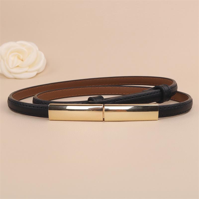Black Versatile Women's Thin Leather Belt - Fashionable Waist Cincher for Dresses and Shirts