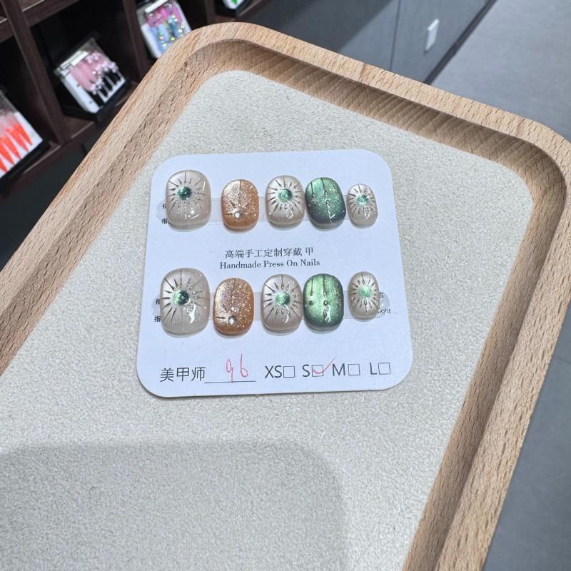 Handcrafted Press-On Nails Short Square Style Emerald Cat Eye Gemstone Design Women Extra Small