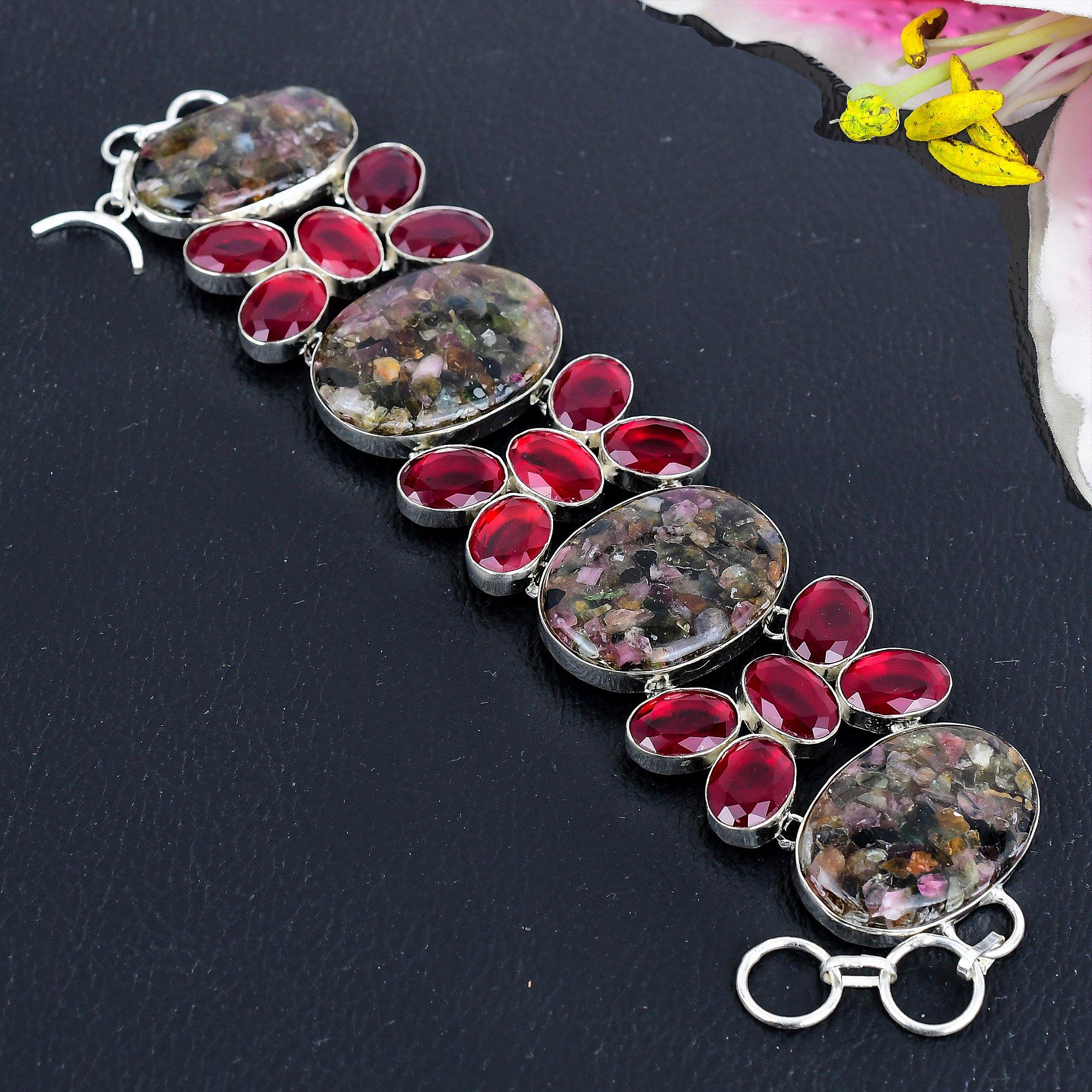 

Watermelon Tourmaline, Garnet Gemstone 925 Sterling Silver Bracelet 7-8 KG-1799
