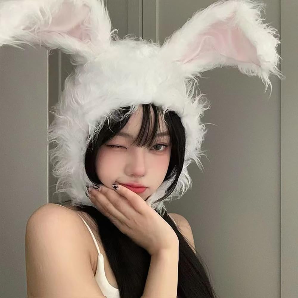 GOODCHI Rabbit Headgear, Animal Hat, Long-Haired Cap, Halloween Cosplay, Costume Accessory, Headband (White)
