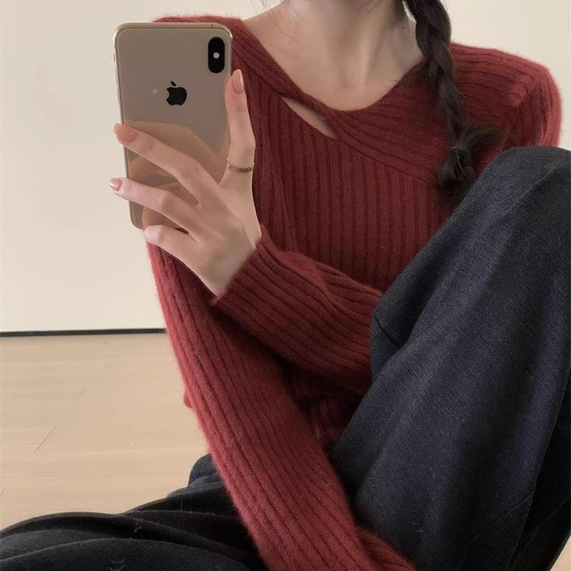 Women's Korean Style Striped Wool Sweater - Round Neck Irregular Knitwear, Soft Cashmere Base Layer for Autumn/Winter
