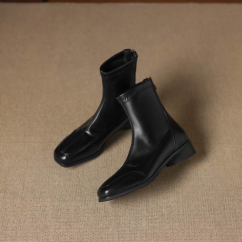 Krazing Pot Microfiber Winter Square Toe Modern Size 33 Boots Size 43 Concise Design Med Heels Zipper Women Ankle Boots