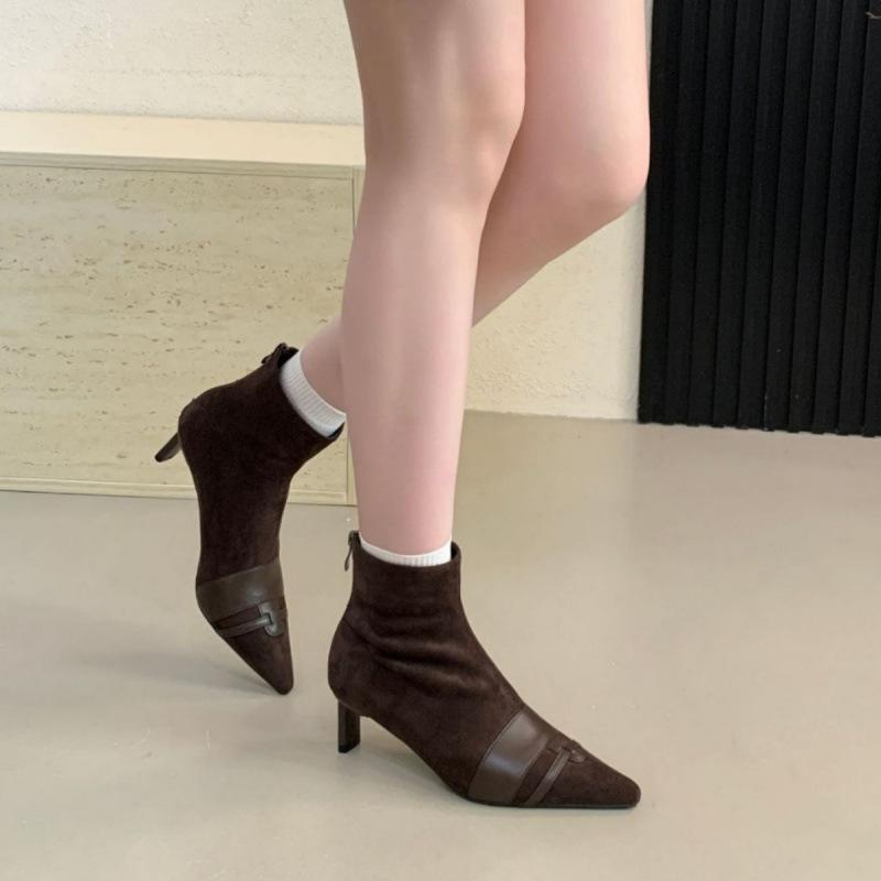 2025 French Suede Splicing Pointed Thin Heel Short Boots Women's Autumn and Winter New Fashionable Versatile Rear Zipper Short Boots