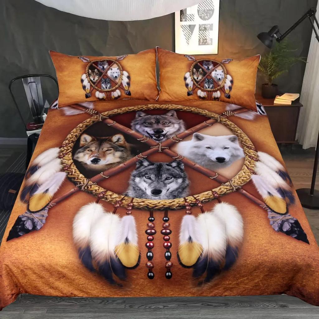 Wolves Dreamcatcher Duvet Cover Set, Animal Prints Queen Size Comforter Cover, Dreamlike Vintage Feather Wolf Bedding 3pcs Sets