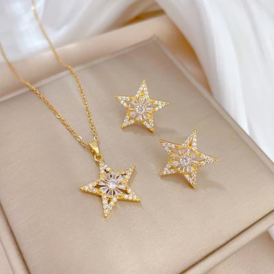 Necklace Earrings Set Light Luxury Full Of Diamonds Flower Five-Pointed Star Personality Temperament Banquet Earrings Necklace