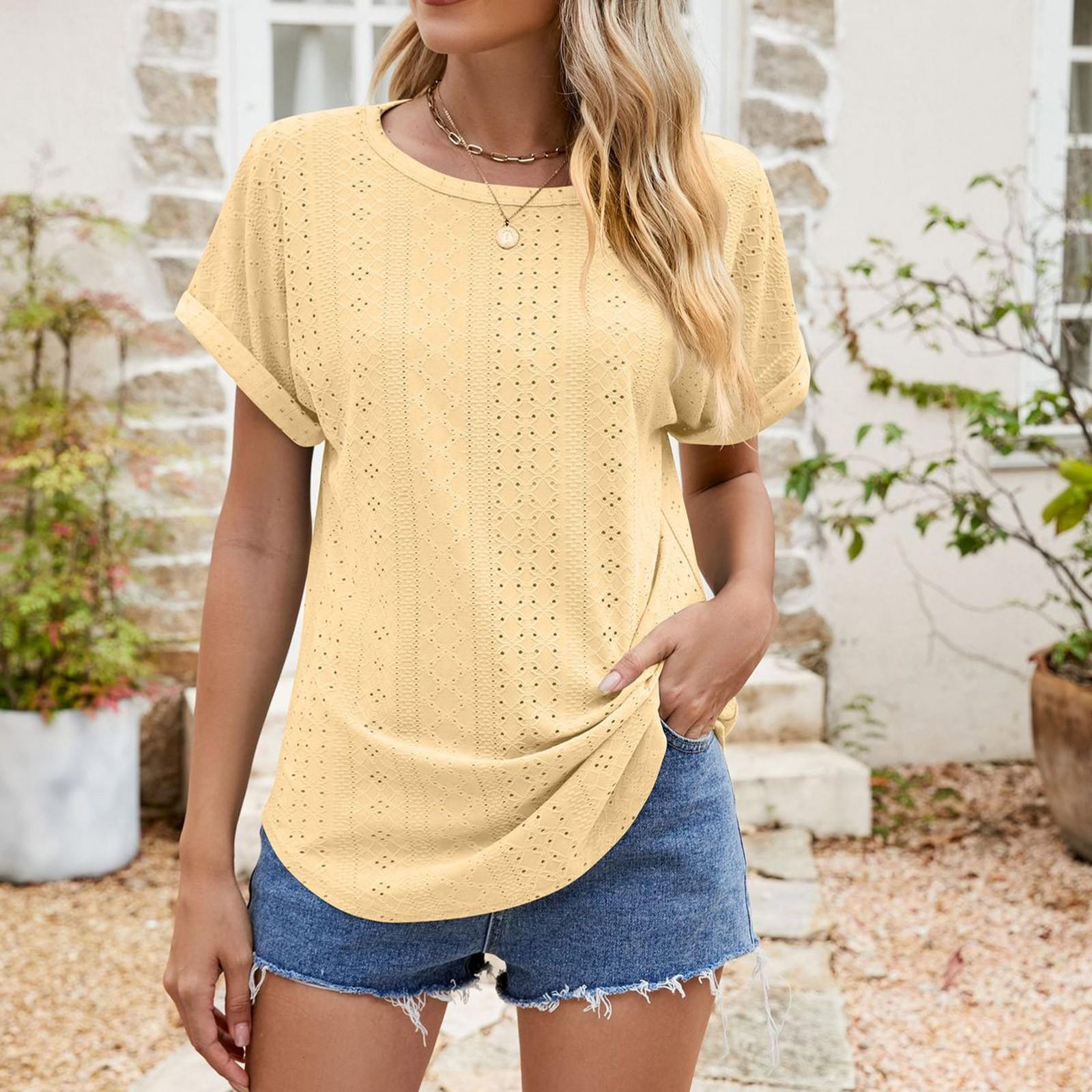 

Женская футболка Однотонная перфорированная кружевная футболка с v-образным вырезом в стиле пэчворк XL жёлтый