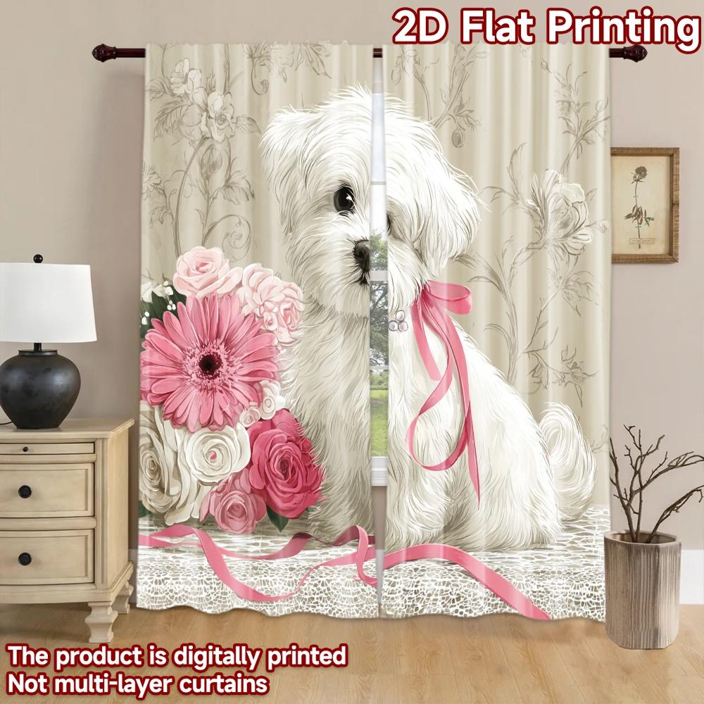 2D flat printing 2pcs Scene Curtains Cute White Puppy Pink Bow Digital Printed Polyester Drapes Holiday Decorations for Booths