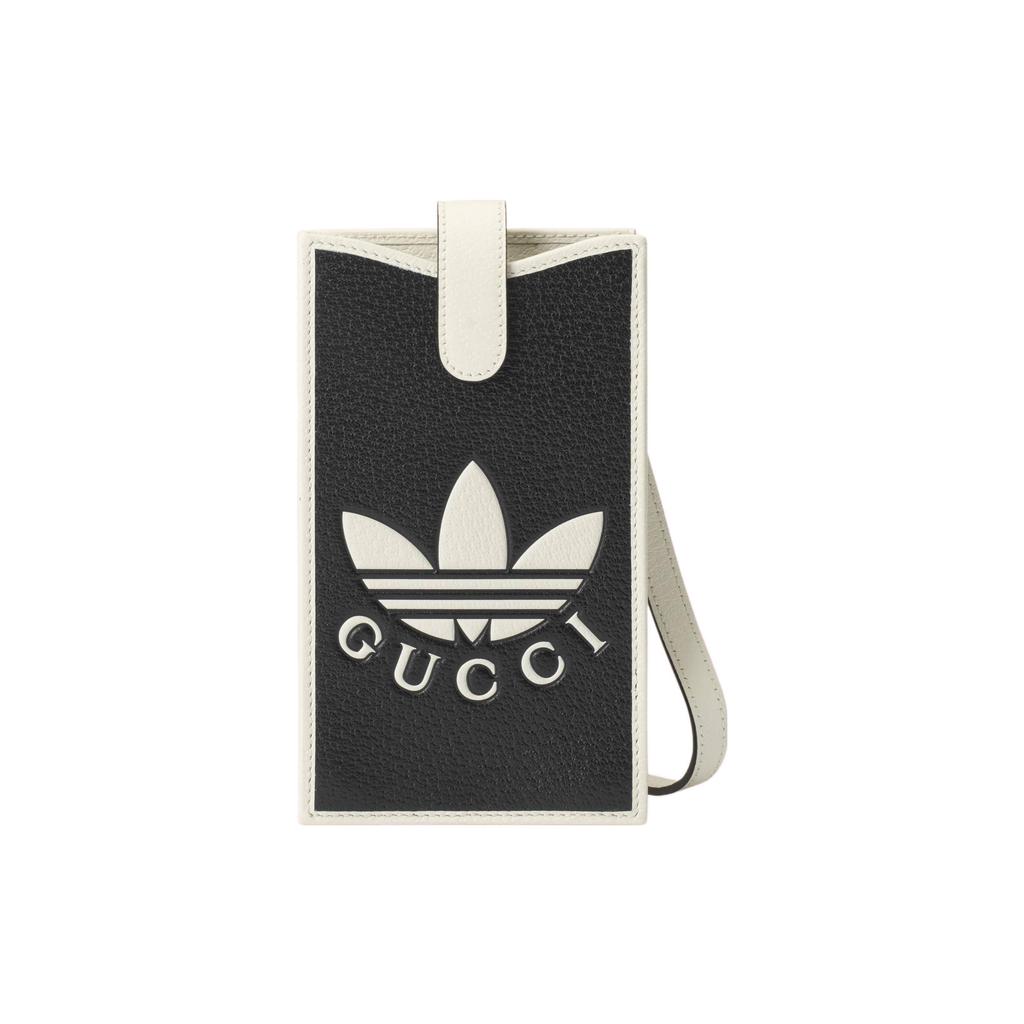 Gucci X Adidas Collaboration Logo Print Snap Closure Leather Phone Bag Women Shoulder Bag Black Beige 702203-UZ3BT-1057