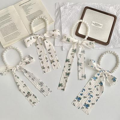 Silk Scarf Long Strip High-end Floral Pearl Necklace Small Scarf Streamer Hair Rope Silk Scarf Bag Winding Floral Headscarf