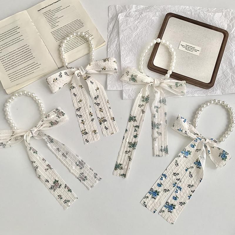 Silk Scarf Long Strip High-end Floral Pearl Necklace Small Scarf Streamer Hair Rope Silk Scarf Bag Winding Floral Headscarf