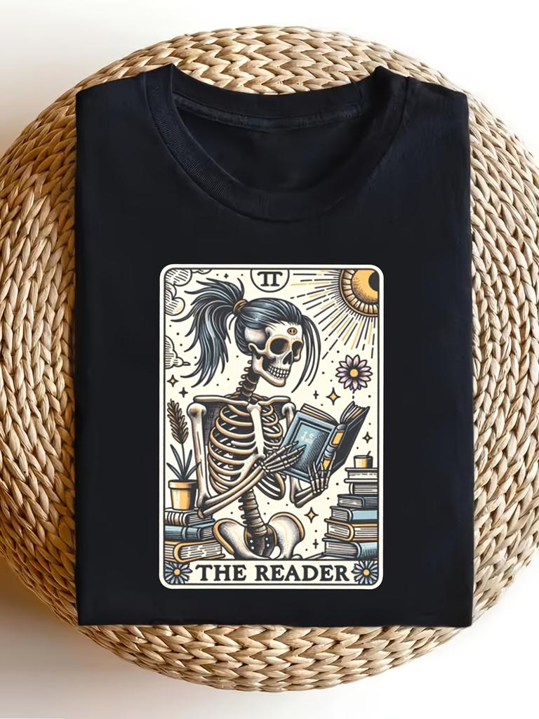 The Reader Card T-Shirt Halloween Retro Casual Crew Neck Printed T-Shirt